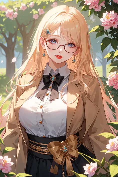 anime girl with glasses and a bow tie standing in a garden