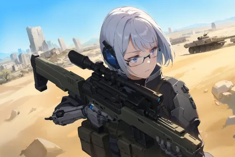 a woman with a gun in a desert area