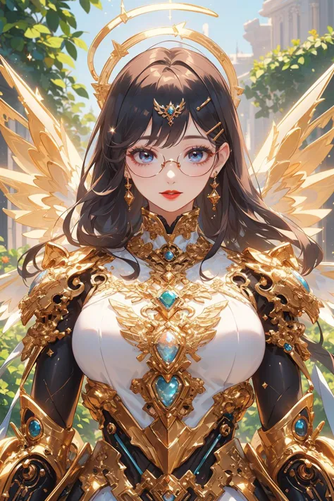 a woman in a gold armor with wings and a blue eyes