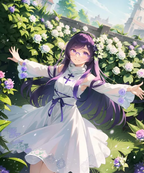 anime girl in a white dress with purple hair and purple flowers