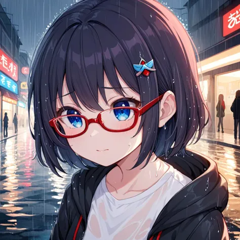 anime girl with glasses standing in the rain in a city