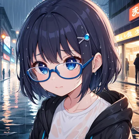 anime girl with glasses standing in the rain in a city