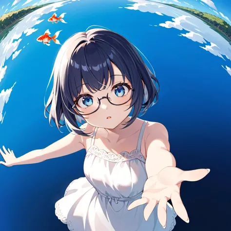 glasses, 1girl, solo, cute, navy hair, short hair, white dress, blue eyes, close-up, water reflection, blue sky, open arms, from above, looking up, blue, perspective, depth of field, under-rim eyewear, goldfish,