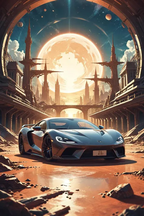 a car in a futuristic city with a moon in the background