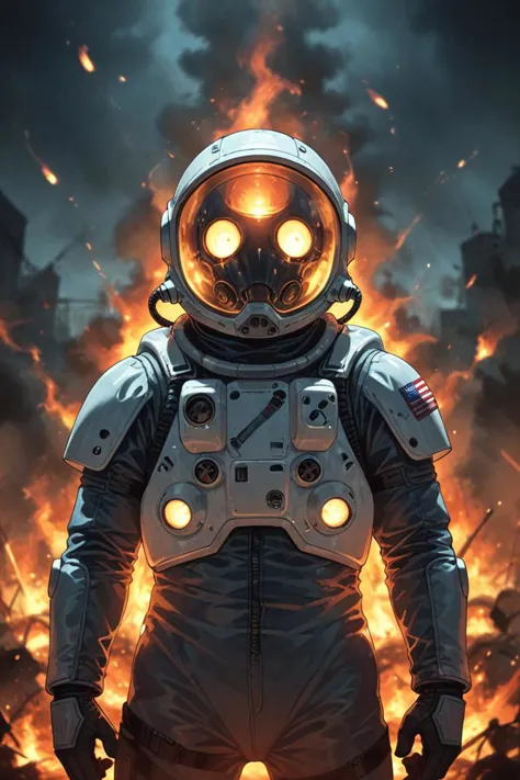 a space suit with a modern helmet and teeth filled with cavities in a fires burning everywhere in the style of political cartoon style, dark and moody atmosphere, <lora:sdxl_lightning_8step_lora.safetensors:1.0>, <lora:add detail xl.safetensors:1.5>