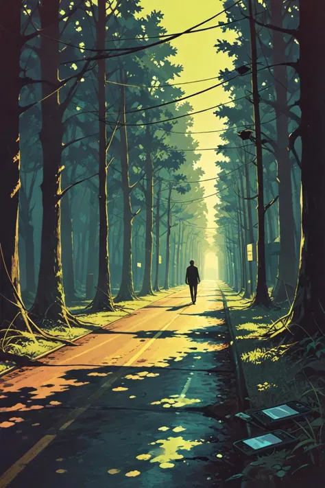 a person walking down a road in the middle of a forest