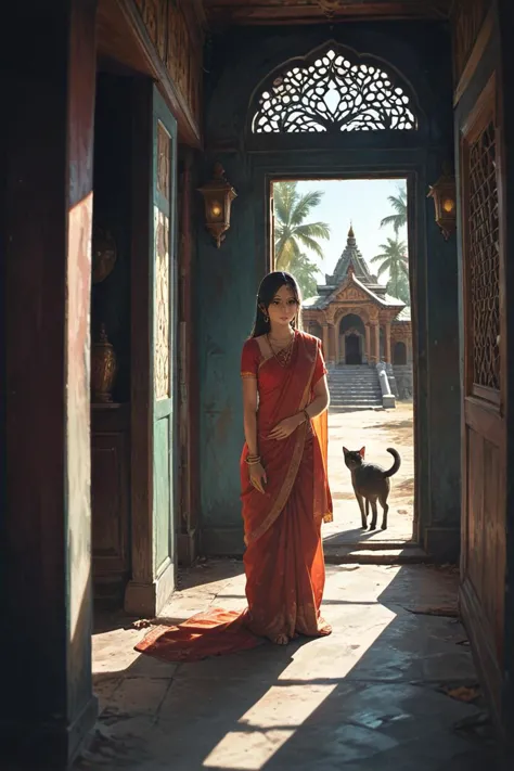 woman in red sari standing in doorway with cat in background