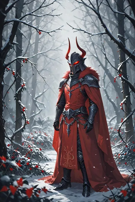 a man in a red cloak and a horned head standing in the woods