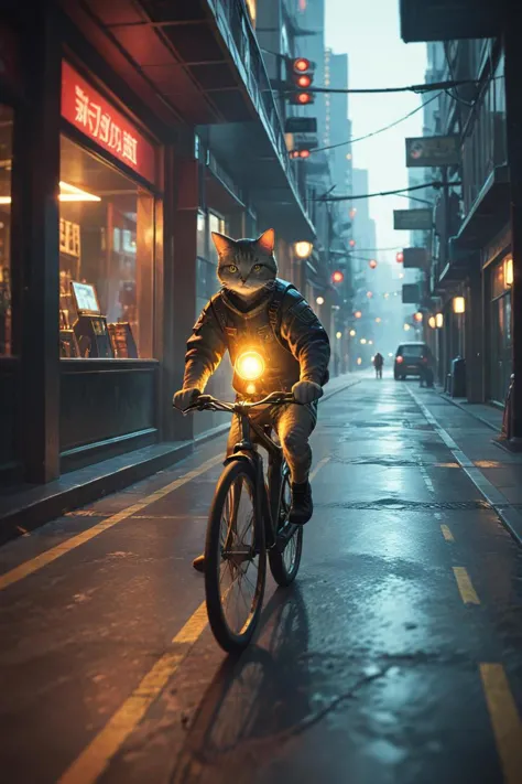 a cat riding a bicycle and glowing head in a sci fi setting in the style of peter morbacher style, incredible screenshot, <lora:sdxl_lightning_8step_lora.safetensors:1.0>, <lora:add detail xl.safetensors:1.5>