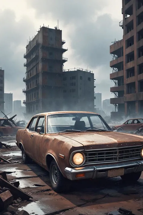 a rusty cars!! and sleek metal ears in a bleak apocalyptic environment in the style of minimal composition, sparths, <lora:sdxl_lightning_8step_lora.safetensors:1.0>, <lora:add detail xl.safetensors:1.5>