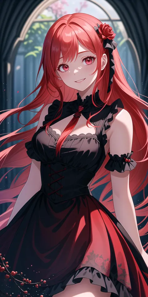 anime girl with red hair and black dress in a dark tunnel