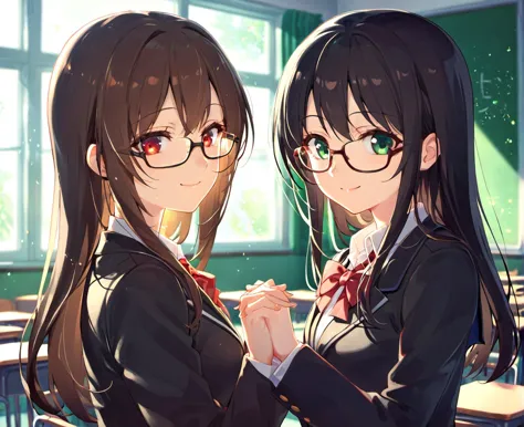 anime image of two girls in school uniforms standing in a classroom