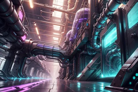 masterpiece,  dusty volumetric lighting , depth of field,  outdoors, 
(industrial:1.2),  manufacturing assembly line , conveyor belts ,   factory, gears, reflective plastic maybe, pipes, scifi, hydraulic, advanced machinery, metal plating,
 plasmatech,  plasma filaments, glass, purple hues,  plasttech, synthetic,