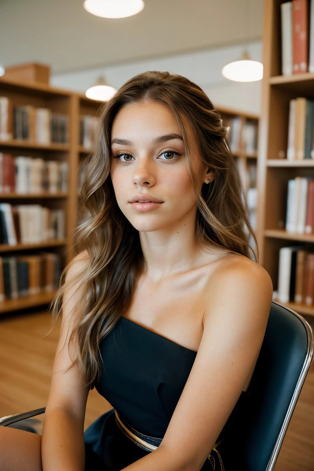 (ángulo bajo, primer plano en la cara:1.2) foto de HaileyGrice, ella lleva faja para el hombro , ella lleva adorno para el cabello, su cabello está peinado como cabello largo y ondulado, DESCANSO ella es (sentado en una silla cómoda en la biblioteca:1.1), iluminación de flash de hash, disparado con Leica M3, Fujicolor Pro ,