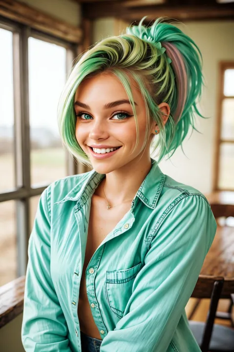 (cowboy shot:1.2), <lora:HaileyGrice_v1:0.9> HaileyGrice with dirty blonde hair with highlights_. smile, pastel green color hair...