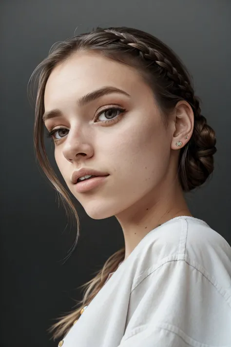 (faible angle, photo du visage:1.2) photo de HaileyGrice, elle porte une geta, elle porte des boutons, ses cheveux sont coiffés en chignon tressé, PAUSE elle est (sur la terrasse:1.1), éclairage flash de hachage, tourné avec le Leica T, vignettage,Faible profondeur de champ,teint lisse, Objectif fisheye 8 mm ,filtre grunge désaturé,