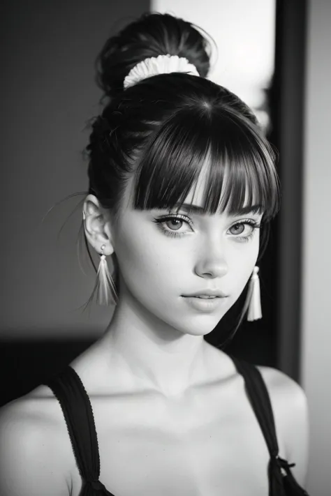 a black and white photo of a woman with a bun in her hair