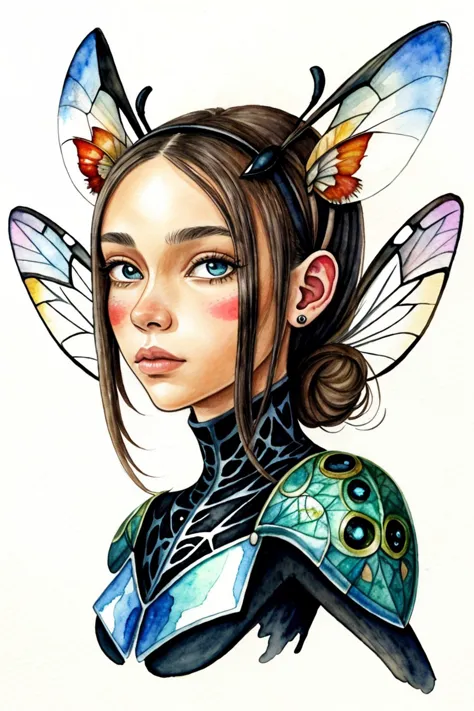 an extremely detailed, intricate watercolor painting of <lora:HaileyGrice_v1:0.9> HaileyGrice with ant antenna on her head, she ...