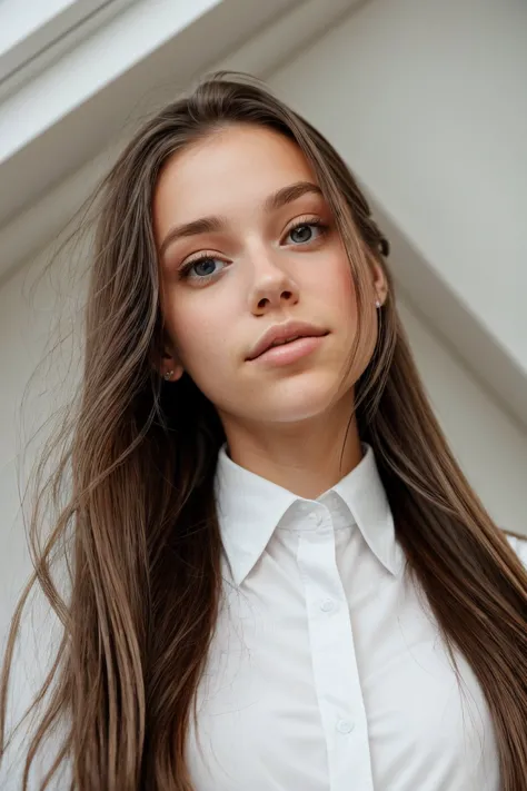 a close up of a woman with long hair wearing a white shirt