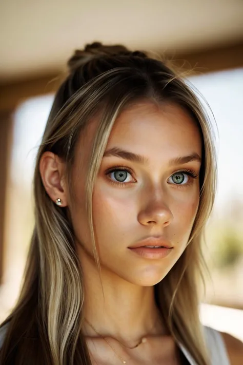 , photo de HaileyGrice avec des cheveux blonds sales avec des mèches, se concentrer sur les yeux, gros plan sur le visage, porter des bijoux, cheveux couleur crème coiffés cheveux torsadés mi-hauts, reflet