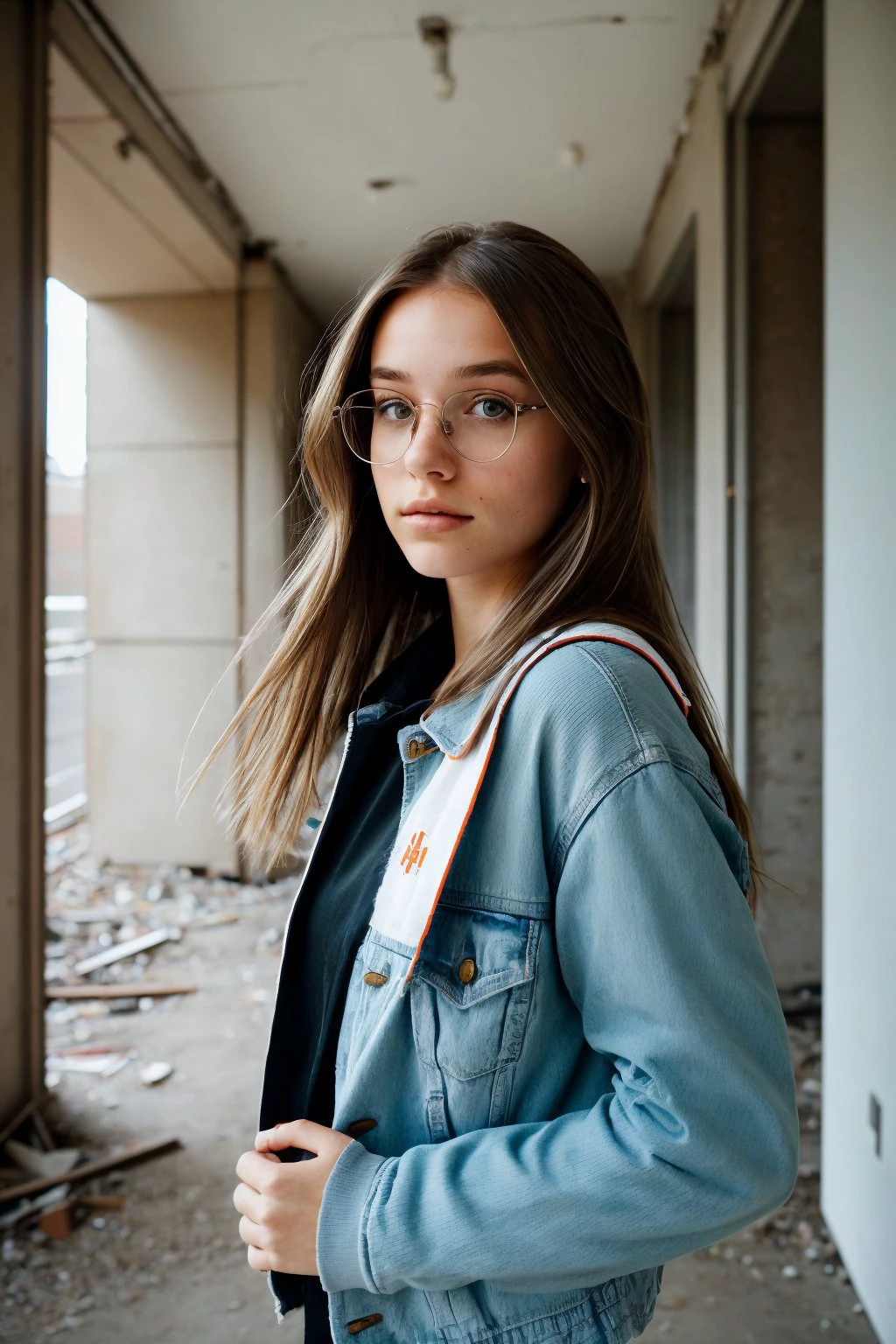 (tourné sous un angle hollandais, photo du visage:1.2) photo de HaileyGrice, elle porte une veste letterman , Elle porte des lunettes, ses cheveux sont coiffés avec une raie au centre, PAUSE elle est (explorer un bâtiment abandonné:1.1), jeu d&#39;ombres créatif, tourné sur ALEXA 65, brume de rêve,Objectif Voigtlnder Nokton 50mm f1.1 , à la manière de Hayao Miyazaki