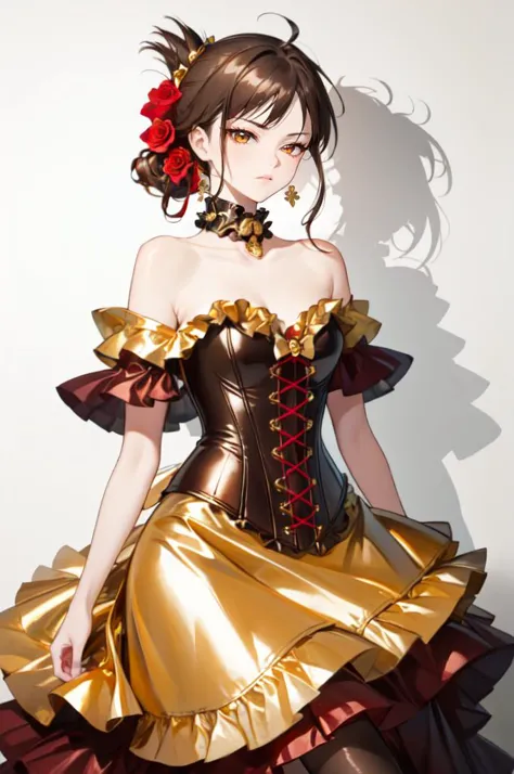 <lora:Outfit_ChocolateFoilDress:0.8> dr3ss, corset, dress, (crinkled gold foil:1.2) frills, ribbon, delicious, ornate, (choker),...