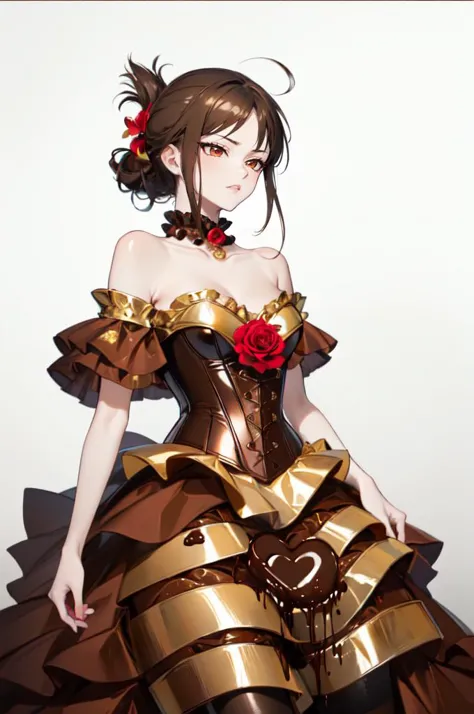 <lora:Outfit_ChocolateFoilDress:0.8>  (((melted chocolate theme))), dr3ss, corset, dress, (crinkled gold foil:1.2) frills, ribbo...