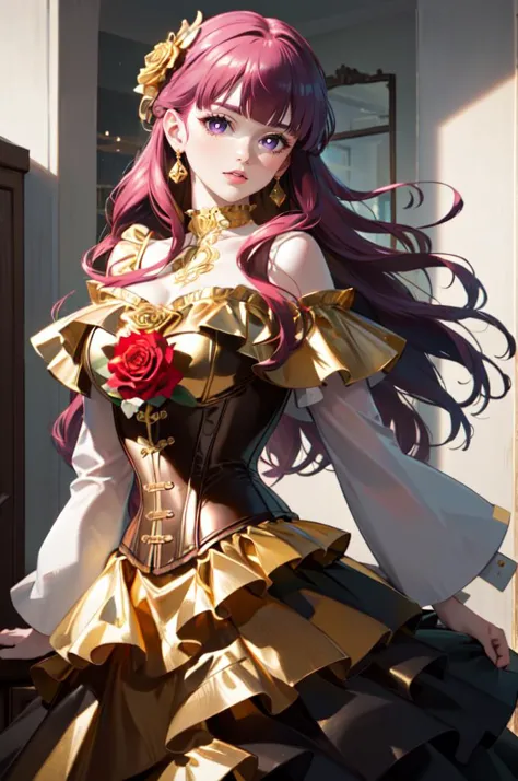 <lora:FernV2:1> FernFrieren, purple pupils, long hair, half updo,   <lora:Outfit_ChocolateFoilDress:0.8> dr3ss, corset, dress, (crinkled gold foil:1.2) frills, ribbon, delicious, ornate, (choker), off shoulder, layered gown, rose, hair flower, chest bow,, absurdres, ultra detailed, masterpiece, best quality, aesthetic, detailed,