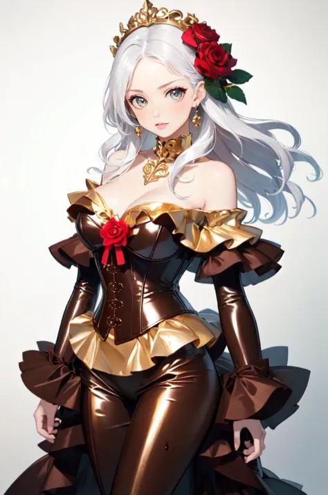 <lora:Outfit_ChocolateFoilDress:0.8>  (((melted chocolate theme))), dr3ss, corset, dress, (crinkled gold foil:1.2) frills, ribbon, delicious, ornate, (choker), off shoulder, layered gown, rose, hair flower, chest bow, large breasts, cleavage, breasts apart, absurdres, ultra detailed, masterpiece, best quality, aesthetic, detailed,, serious, 1girl, (white eyes:1.1), (grey eyes:1.3), white hair, very long hair, parted hair, parted bangs, <lora:parted_hair_v1.3:1.3>, medium breasts,