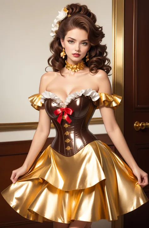 ((whipped cream:1.2 trim)),adult mature woman, beautiful, high quality, best quality, highres, high detail, <lora:Outfit_ChocolateFoilDress:0.7> dr3ss, corset, dress, (crinkled gold foil:1.2) frills, ribbon, (brown hair) (pompadour:1.2), [bold hairpins] hair, delicious, ornate, ( choker),layered gown, rose, (chocolate brown lips), hair flower, chest bow, large breasts, cleavage, breasts apart,