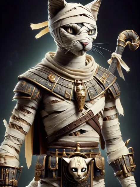 bastet, cat, a male bastete in a bandages, mummy, holding a magic statt with symbols in it, spiked shoulder plates, glowing whit...