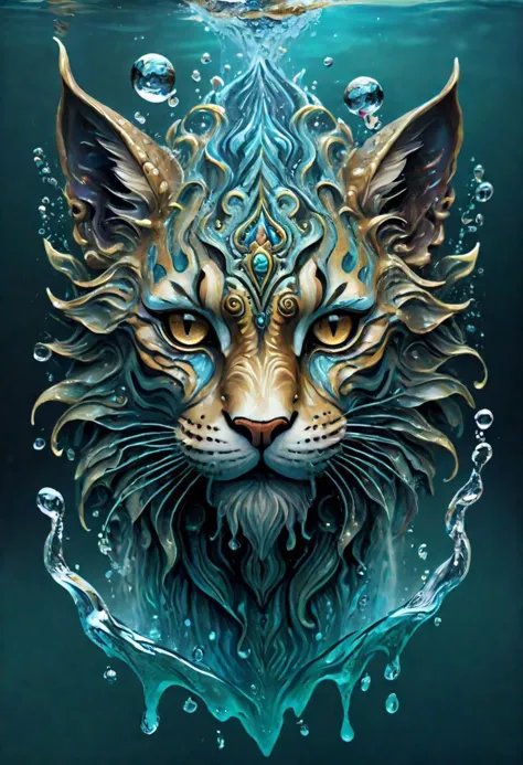 Kitten head in mythical water, water surface, masterpiece, perfect face, intricate details, horror theme,
