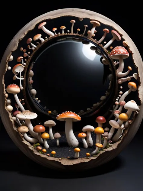 round planet shape, ball shaped, 360 view, choatic influx magnetic reasonance, mirror floor, black background, mushroomz  <lora:mushroomz:0.4>