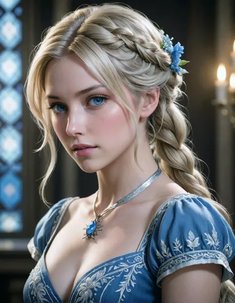 A detailed portrait of Lady Lunafreya from Final Fantasy XV. Render in a realistic style with soft lighting, highlighting her gentle expression and flowing blonde hair, styled in a braid, as a gentle breeze blows through it. She has kind blue eyes and fair skin with a natural glow. She is adorned in her signature blue dress with intricate embroidery, and the Ring of the Oracle rests on her finger. Capture a sense of both serenity and determination in her gaze.