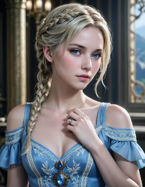 a woman with braid hair wearing a blue dress and a cross