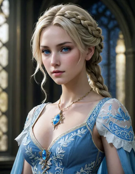 a woman in a blue dress with braids and a necklace