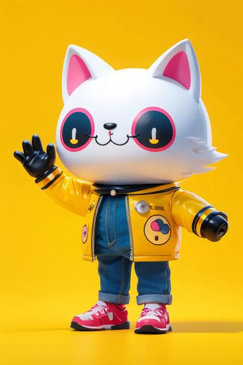 a close up of a toy cat wearing a yellow jacket