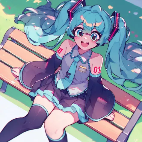 score_9, score_8_up, score_7_up, score_6_up, a girl sitting on a park bench, smile, open mouth, blush, detached sleeves, black thighhighs, black skirt, dutch angle, hatsune miku, momoiiroo