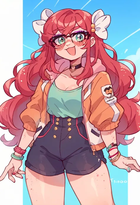 <lora:GinjaNinjaOwO (Autism SDXL):0.55> 1girl, solo, aqua eyes, long hair, red hair,  freckles, glasses, hair ornaments, white ribbon, hair ribbon, eyeshadow, nail polish, jacket, shirt, high-waist shorts, choker, bracelet, wristband,  <lora:Momoiiroo_Art_Style_PonyXL:1> momoiiroo,, score_9, score_8_up, score_7_up, source_anime,