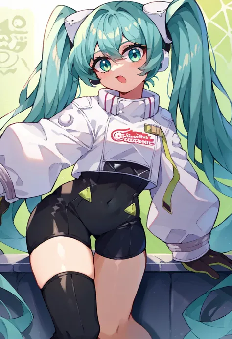 <lora:vocaloid_racingmiku2022_ponyxl:1> racingmiku2022, twintails, aqua hair and aqua eyes, white jacket, cropped jacket, long s...