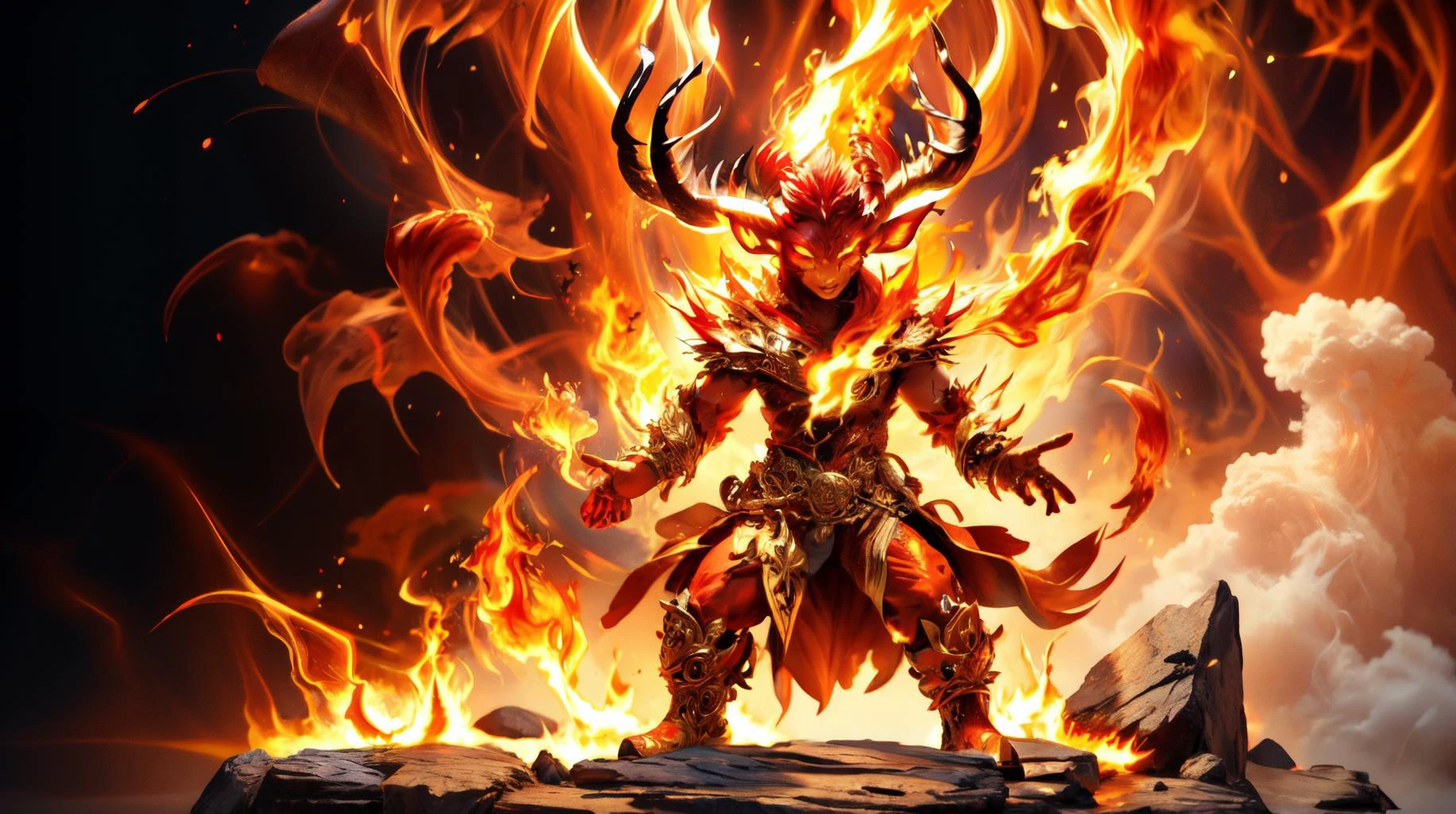 (masterpiece, best quality, fullscreen), [(full body:1.1)::0.2] portrait (photo of a Ornate fire [magical being:elemental:0.2]:1.4), red fire, (Fierce:1.1), (fiery Horned Ears red glowing markings:1.4), (Fire Manipulation (creating and controlling flames)), (Spider body with humanoid head and with one Digitigrade Appendages:1.2), pyrokinesis, fire magic, fireball, explosionmagic, excessive energy, smoke, glowing aura, zhibi, (fiery Dazzling background:1.2), (Spotlight), (Black Fantasy Colors with Gels lighting:1.1), , , , (look at the viewer:1.2), (Full body Shot, Shallow Focus Shot, Low Angle Shot:[1.2:0.5:0.1]), heavily detailed, fairytale, magical, , (sharp focus), fakemtg, (no humans), tremely detailed, Trending on Artstation, octane render, Insanely Detailed, 8k, HD