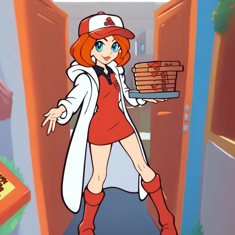 score_9, score_8_up, score_7_up, score_6_up, wariowaremona, blue eyes, long orange hair, pizza box, employee uniform, pov, pizza...