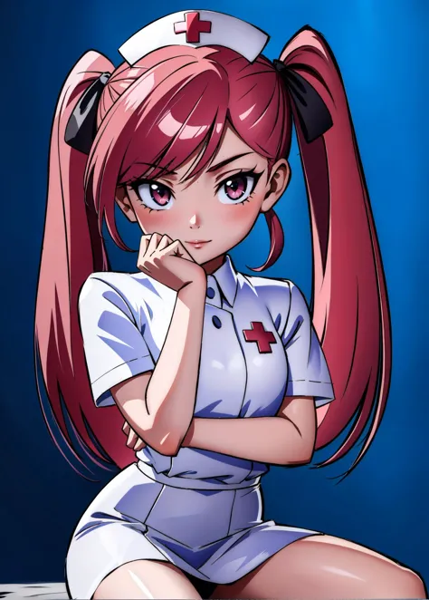 asterpiece, absurdres, a woman in a white nurse dress, photorealistic, by Shitao, red cross, pink gradient hair (twintails), statoscope, white and blood color scheme, mischievous expression, nurse girl, half body, ribbon in her hair, iv drip, (sfw) safe for work, with a red detailed eyes, hearts around, RAW photo, film grain, detailed eyes