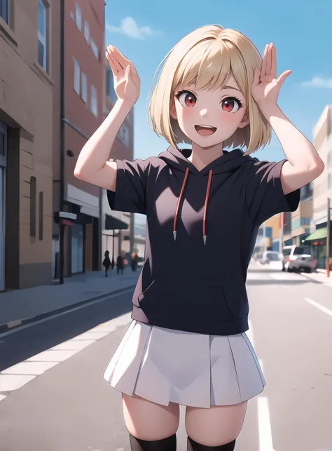 anime girl in a short skirt and hoodie posing on a street