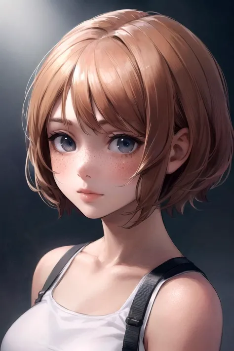 professional, masterpiece, 8k, hyperrealistic portrait of a 20yo cute girl, short hair, (looking shy:1.3), freckles, detailed face, detailed skin, photography, hq, photorealistic,