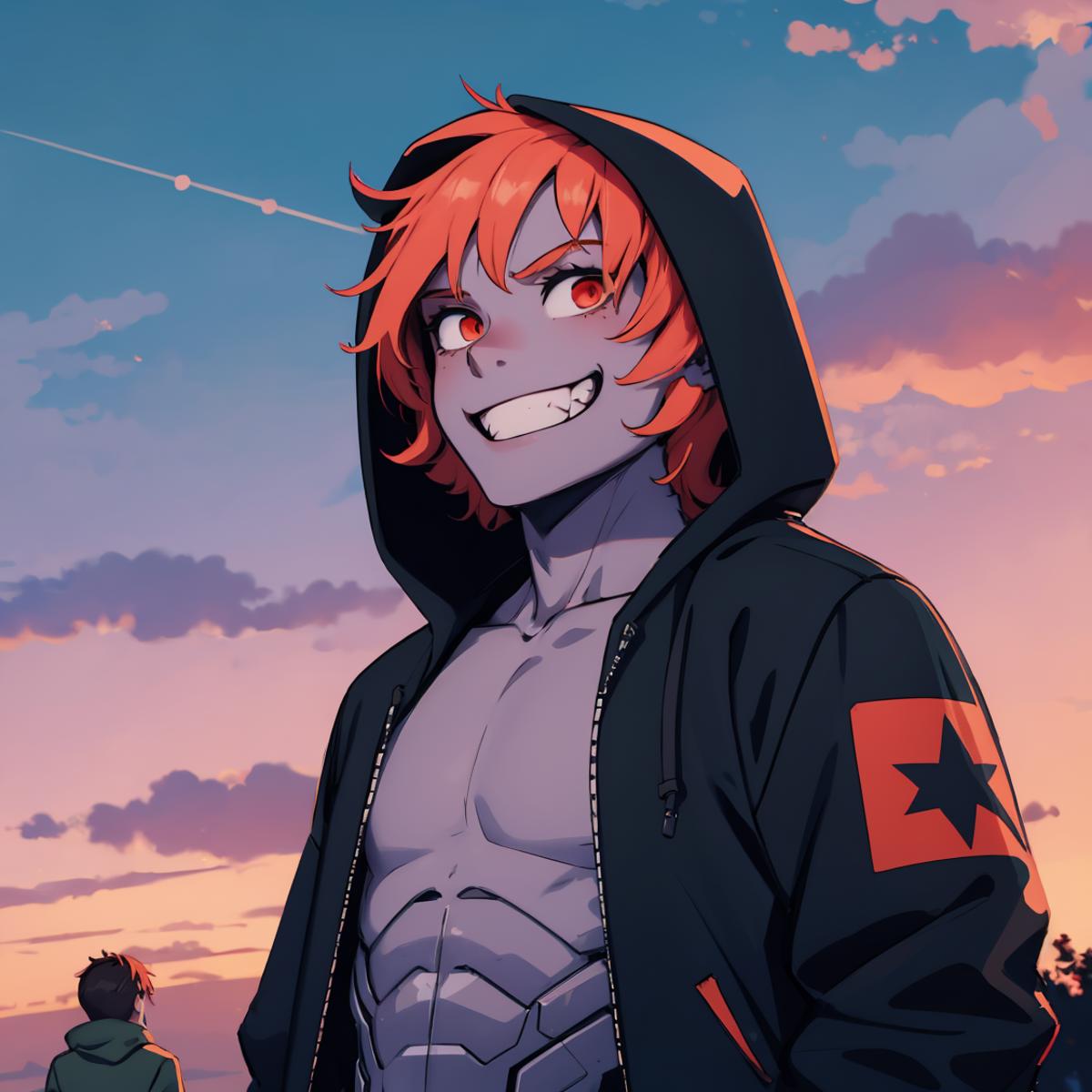 Anime guy with orange hair and hoodie standing in front of a sunset -  SeaArt AI