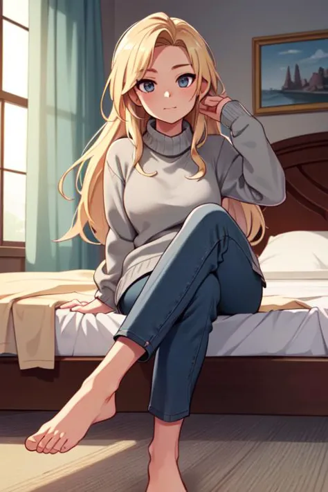 lens flare, dramatic, masterpiece, best quality, extremely detailed, detailed background, detailed face, 1girl, solo, hand on up looking at viewer, soft smile, blond, gray pants, sit, sweater, barefoot, bed sheet,  long hair, crossed legs