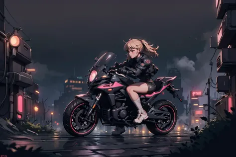 a woman riding a motorcycle on a city street at night