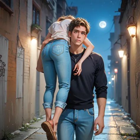 arafed man carrying a woman on his back in a narrow alley