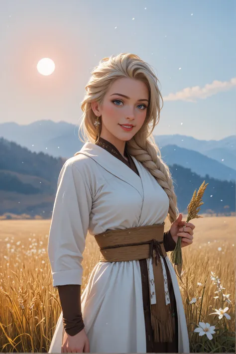 a woman in a white dress standing in a field of grass